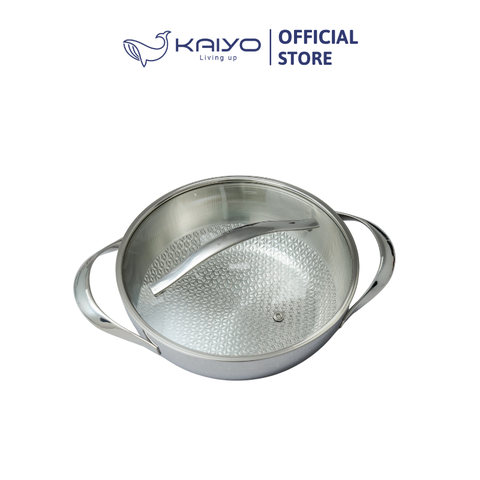 Chảo đúc inox 3 lớp đáy liền dập nổi Kaiyo sâu lòng, 2 tay cầm, vung kính size 24cm [mã KIW-6759]
