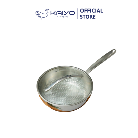 Chảo đúc inox 3 lớp thân đáy liền dập nổi Kaiyo, sâu lòng có vung kính size 24cm [mã KIW-6735]