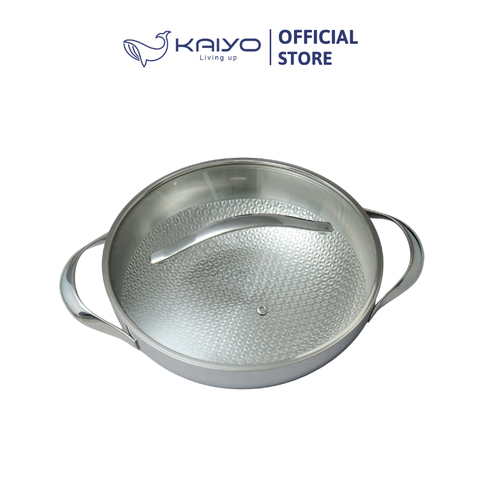 Chảo đúc inox 3 lớp đáy liền dập nổi Kaiyo sâu lòng, 2 tay cầm, vung kính size 28cm [mã KIW-6766]