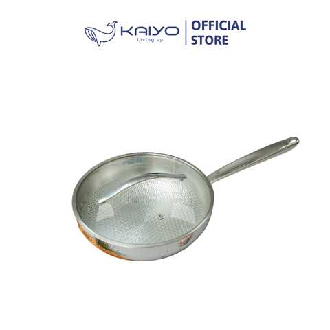 Chảo đúc inox 3 lớp thân đáy liền dập nổi Kaiyo, sâu lòng có vung kính size 28cm [mã KIW-6742]