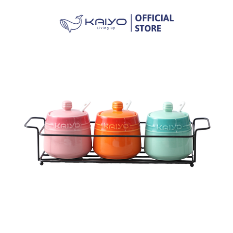 Set 3 hũ gốm sứ đựng gia vị Rainbow Kaiyo, dung tích 300ml có giá đỡ đi kèm [mã KCC-5141]