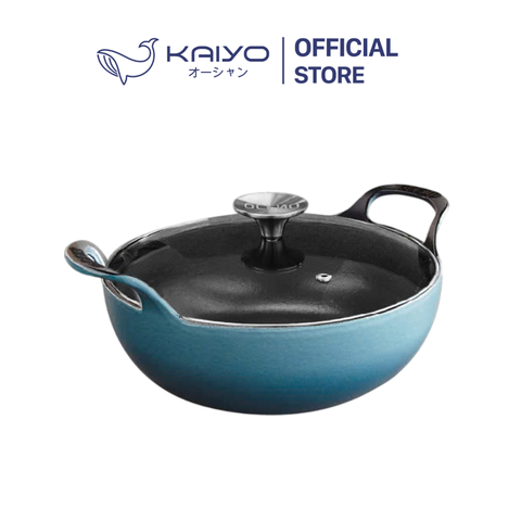 Chảo gang Oceno sâu lòng vung kính 25cm màu xanh