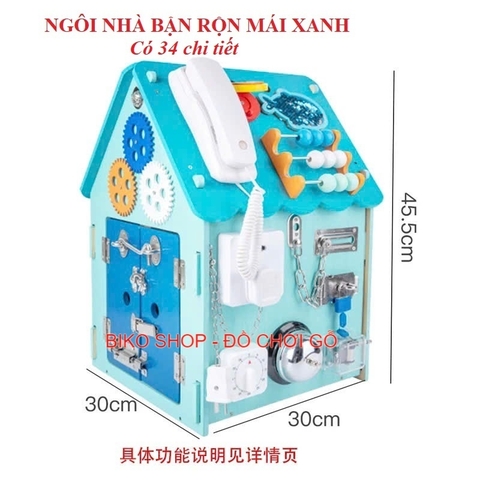 Bảng bận rộn, nhà bận rộn bằng gỗ mái xám, xanh 45cm cho bé-bikoshop