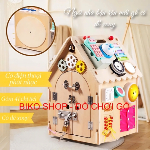 Đồ chơi Nhà bận rộn, bảng bận rộn bằng gỗ có đế xoay-bikoshop