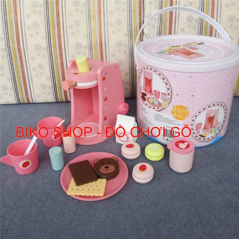 Đồ chơi máy cà phê hồng bánh gấu bằng gỗ cho bé 𝐁𝐈𝐊𝐎 𝐒𝐇𝐎𝐏