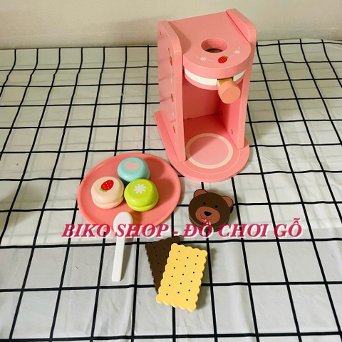 Đồ chơi máy cà phê hồng bánh gấu bằng gỗ cho bé 𝐁𝐈𝐊𝐎 𝐒𝐇𝐎𝐏