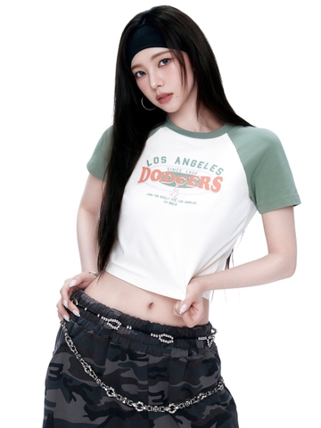 Áo Croptop MLB Women's Varsity Vintage Washing Raglan Crop Short Sleeve T-Shirt LA Dodgers Cream