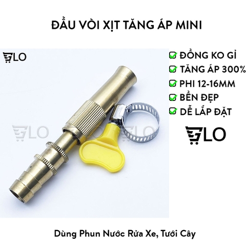 Đầu Vòi Xịt Tăng Áp Mini Bằng Đồng Kèm Đai Siết Ống 12-16mm, Vòi Sịt Phun Nước Rửa Xe, Tưới Cây Có Thế Điều Chỉnh Chế Độ