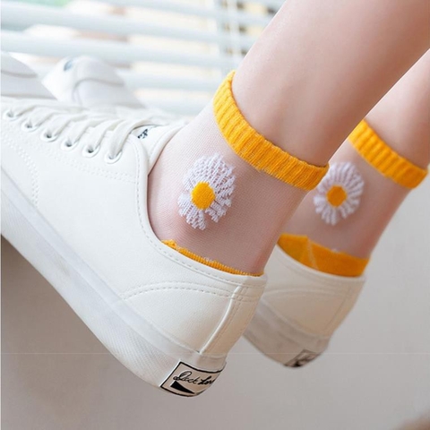 Combo 10 Đôi Tất, Vớ Cổ Ren Nữ, Họa Tiết Hoa Cúc Đẹp Mắt, Chất Liệu Vải Cotton Mịn