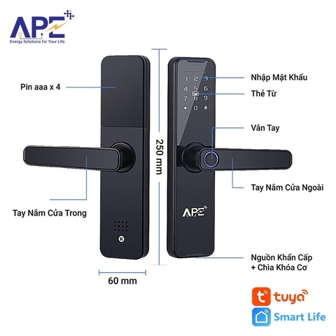 Bộ Khóa Cửa Vân Tay Thông Minh APE 601 Dùng App Tuya Wifi, Tặng Kèm Camera FB-LINK TY302