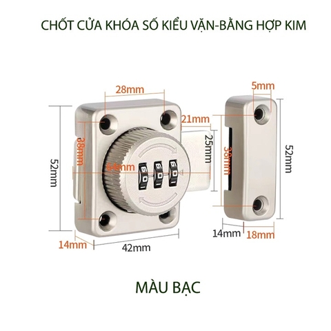 Chốt Cửa Khóa Số Kiểu Vặn Với 3 Mã Số Có Thể Thay Đổi Được, Bằng Hợp Kim Chắc Chắn