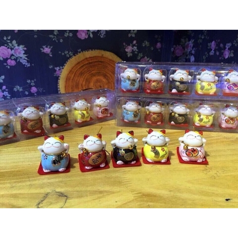 Bộ Tượng Sứ 5 Chú Mèo Thần Tài Nhật Bản Maneki Neko Mini May Mắn