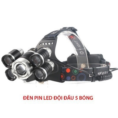 Đèn Pin Đội Đầu Đeo Trán 5 Bóng T6 Siêu Sáng Kèm Pin Sạc