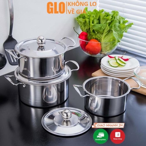 Combo 3 Nồi Inox 304 Có Nắp Và Tay Cầm Kích Thước 16-18-20cm GloShop