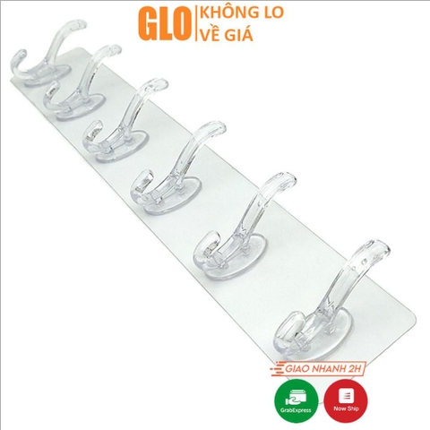 Giá Treo Đồ 6 Móc Nhựa Pha Lê 35x6cm Bản Lớn Dán Tường, Siêu Chịu Lực Không Cần Khoan Đục Tiện Lợi