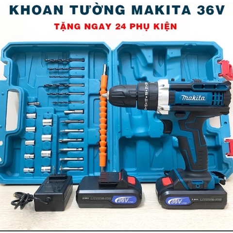 Bộ Máy Khoan Pin Bắt Vít Makita 36V 3 Chức Năng Kèm 2 Pin, Đầy Đủ 24 Phụ Kiện Đồ Nghề