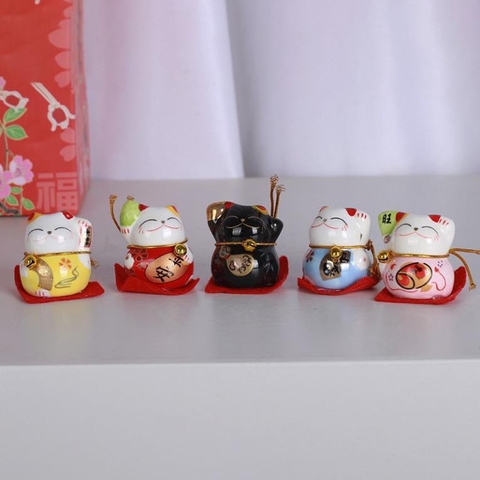 Bộ Tượng Sứ 5 Chú Mèo Thần Tài Nhật Bản Maneki Neko Mini May Mắn