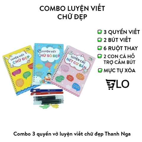 Combo 3 Quyển Luyện Tập Viết Chữ Số Đẹp, Luyện Nét Cơ Bản Kèm 2 Bút