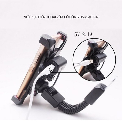 Giá Đỡ Điện Thoại Trên Xe Máy Xoay 360 Độ Kẹp 4 Góc CH-01 Có Nguồn USB