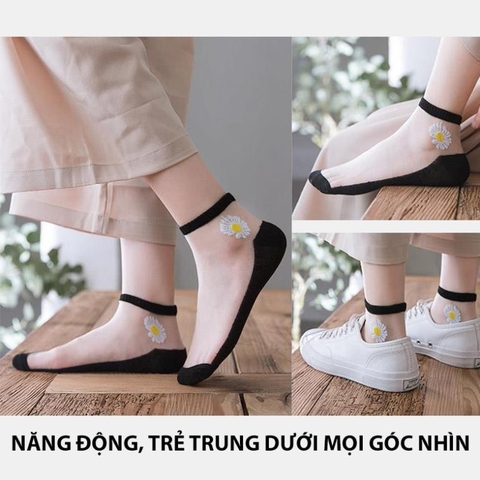 Combo 10 Đôi Tất, Vớ Cổ Ren Nữ, Họa Tiết Hoa Cúc Đẹp Mắt, Chất Liệu Vải Cotton Mịn