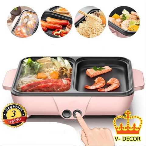 Bếp Điện Mini 2 Ngăn, Nồi Lẩu Nướng, Đế Chống Dính, Công Dụng 5 Trong 1