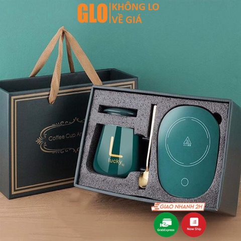 Bộ Cốc Ly Sứ Hâm Nóng Lucky Thông Minh Cao Cấp, Kèm Đế Điện Hâm Cafe, Sữa, Trà Tặng Kèm Thìa Mạ Vàng Tiện Lợi