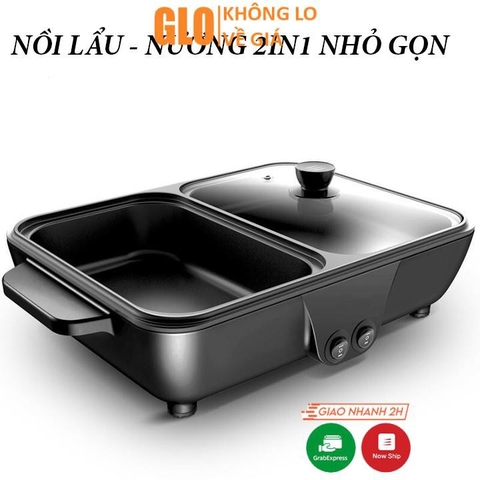 Bếp Điện Mini 2 Ngăn, Nồi Lẩu Nướng, Đế Chống Dính, Công Dụng 5 Trong 1