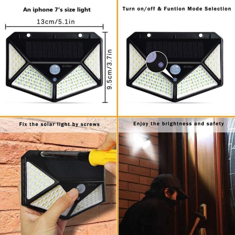 Đèn Led Năng Lượng Mặt Trời Cảm Biến Chuyển Động 100 Led 3 Chế Độ Siêu Sáng Chống Nước