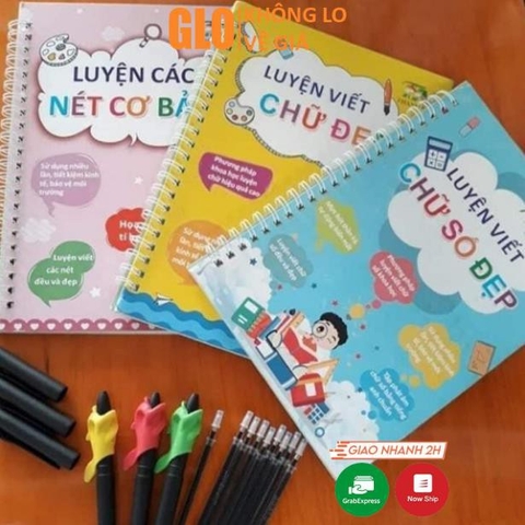 Combo 3 Quyển Luyện Tập Viết Chữ Số Đẹp, Luyện Nét Cơ Bản Kèm 2 Bút Mực Thần Kỳ 8 Ngòi