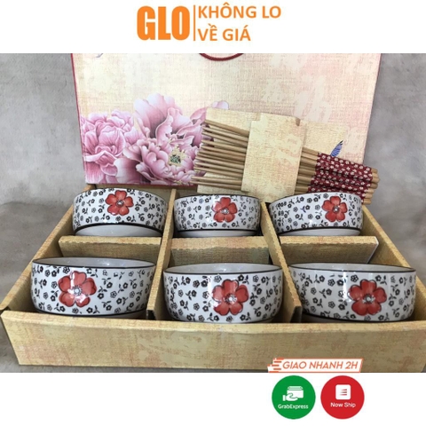 Bộ Chén Sứ Kèm Đũa Gồm 6 Cái Họa Tiết Hoa Mai Sắc Sảo