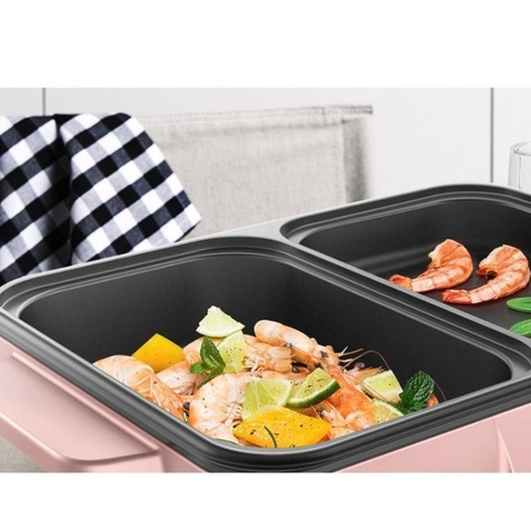Bếp Điện Mini 2 Ngăn, Nồi Lẩu Nướng, Đế Chống Dính, Công Dụng 5 Trong 1