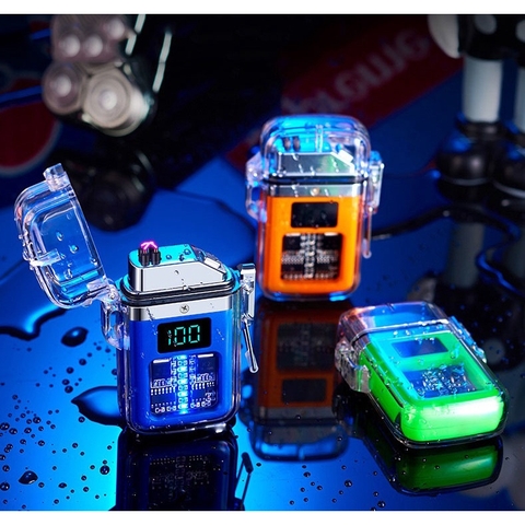 Quẹt Điện Plasma Chống Nước Chống Gió, Vỏ Trong Suốt Có Màn Hình Hiển Thị Pin