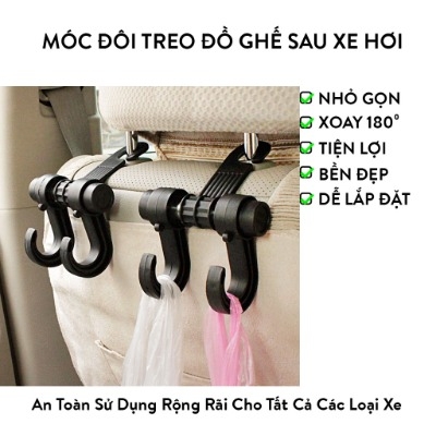 Móc Đôi Có 2 Chỗ Treo Đồ Sau Ghế Ô Tô Xe Hơi Tiện Dụng, Xoay 180 Độ, Chịu Tải Trọng Lớn