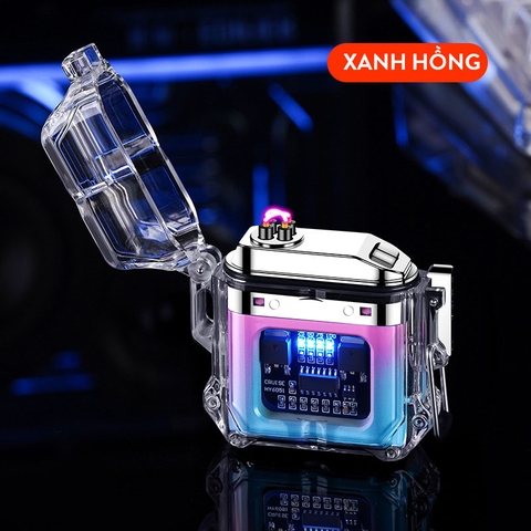 Quẹt Điện Plasma Chống Nước Chống Gió, Vỏ Trong Suốt Có Led Hiển Thị Pin