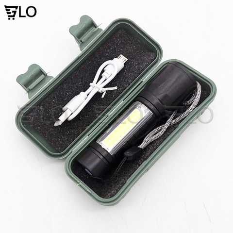 Đèn Pin Siêu Sáng Cao Cấp Mini M2, Có Zoom, 3 Chế Độ Sáng, Có Đèn COB Bên Hông, Kèm Dây Sạc Fullbox - Dùng Dây Đeo