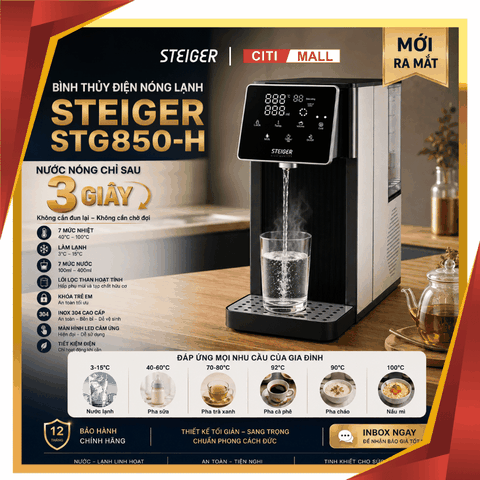 Bình Thủy Điện Steiger STG-850HC làm nóng/ lạnh nước có lõi lọc than hoạt tính - Bảo hành chính hãng 12 tháng