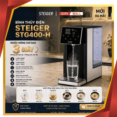 Bình Thủy Điện Steiger STG-400H làm nóng nước có lõi lọc than hoạt tính - Bảo hành chính hãng 12 tháng