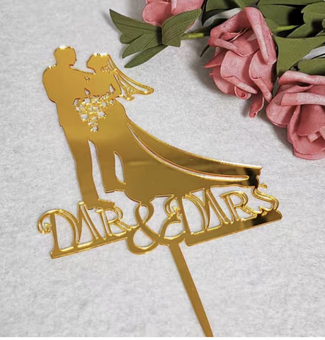 ท็อปเปอร์อะคริลิกเจ้าสาวและเจ้าบ่าว Set 10 ชิ้น (ถือดอกไม้) - สีทอง