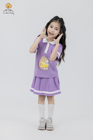 Bộ áo phông cổ bẻ kèm chân váy hình cô gái, capybara size 2/12 tuổi