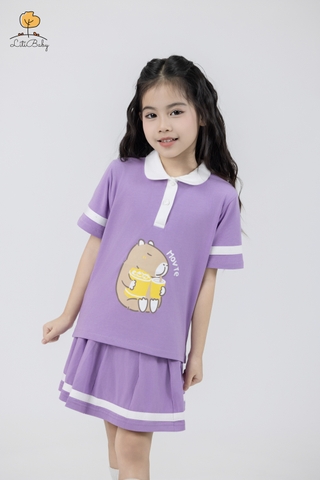 Bộ áo phông cổ bẻ kèm chân váy hình cô gái, capybara size 2/12 tuổi