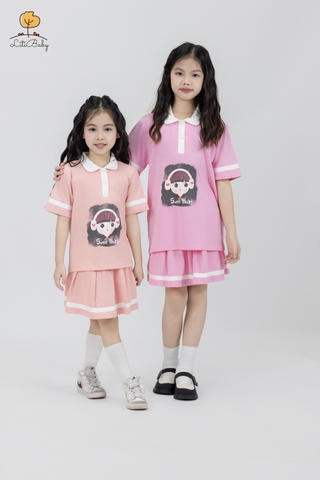Bộ áo phông cổ bẻ kèm chân váy hình cô gái, capybara size 2/12 tuổi