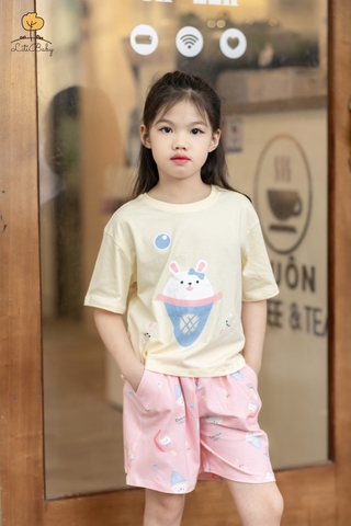 Bộ cotton Bé gái ngắn tay hình dâu tây, kem, Mickey size 2/10 Tuổi