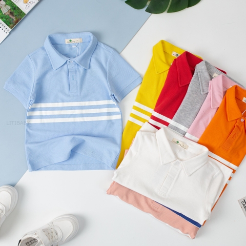 Áo thun Bé trai, bé gái có cổ 3 sọc ngang 2/7T