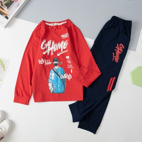 Bộ cotton thu đông bé trai in hình cậu bé  size đại 10/16T