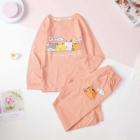 Bộ cotton thu đông Bé gái 2 chiều in mèo size đại 10/16T