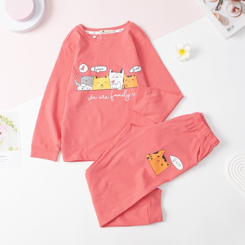 Bộ cotton thu đông Bé gái 2 chiều in mèo size đại 10/16T
