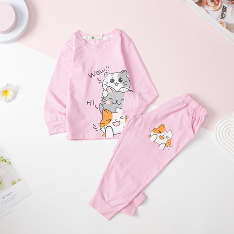 Bộ cotton thu đông Bé gái in mèo WOW 2/8 Tuổi