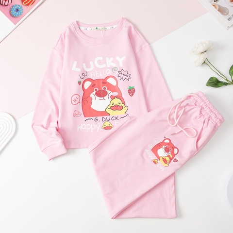 Bộ nỉ da cá in gấu Lucky quần suông 10/16