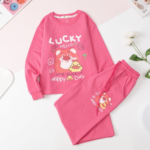 Bộ nỉ da cá in gấu Lucky quần suông 10/16