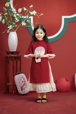 Set áo dài nhung đỏ phối tay hoạt họa PIXIE kèm chân váy dập ly Lamm - Con  là điều ngọt ngào nhất!